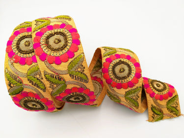 Orange Art Silk Lace Trim, Floral Embroidery in Green, Salmon and Fuchsia